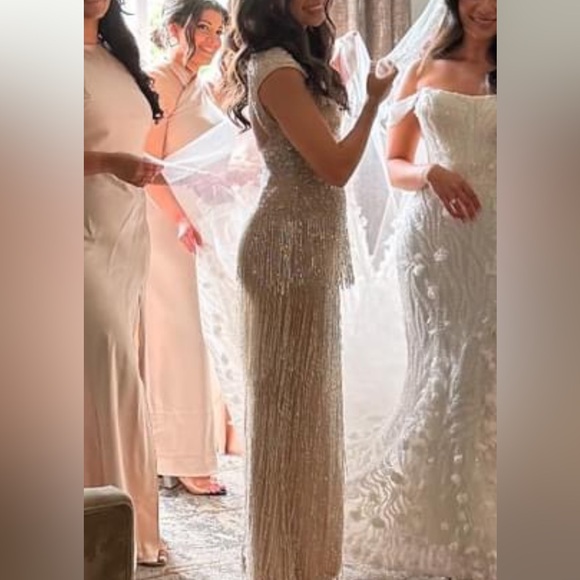 Jovani beige and silver tassel maxi dress open back - Picture 5 of 12